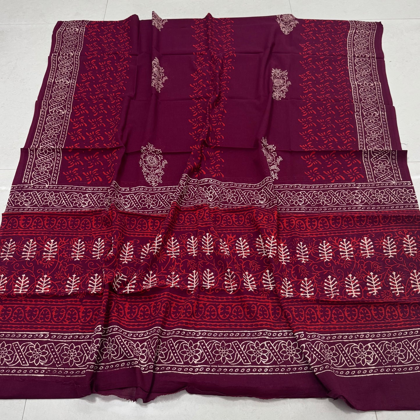 Hand Block Printed Cotton Suit with Cotton Dupatta Maroon Buta
