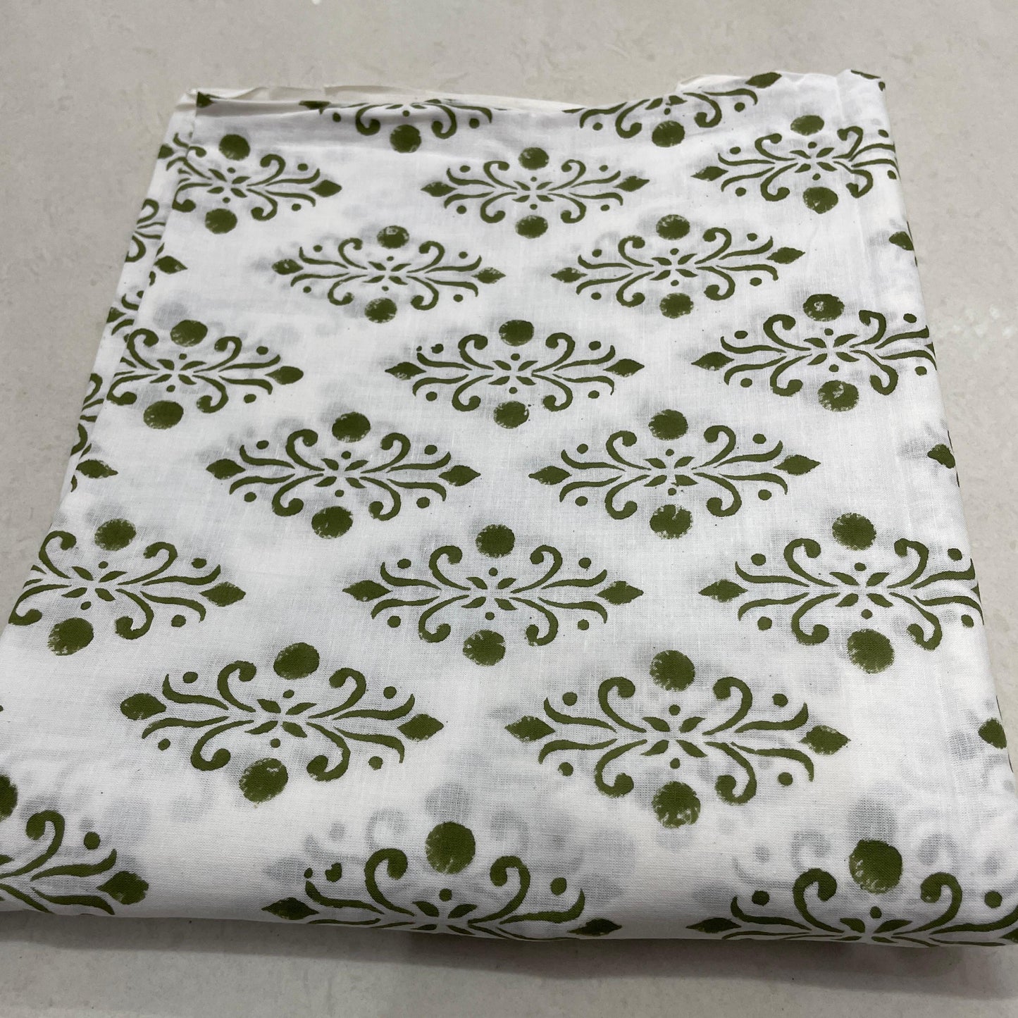 Hand Block Printed Cotton Suit Set – White & Green Abstract Kurta with Brown Floral Bottom