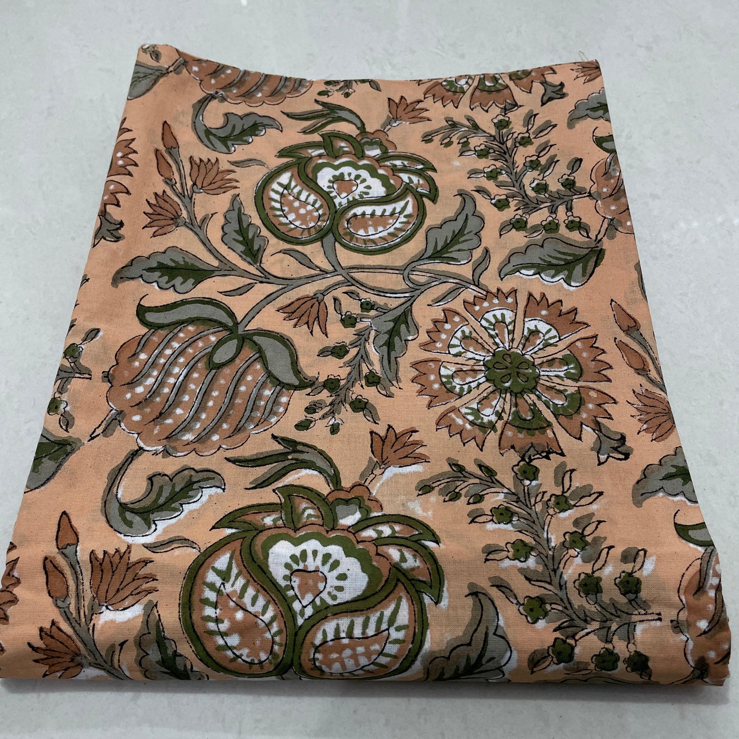 Hand Block Printed Cotton Suit Set – White & Green Abstract Kurta with Brown Floral Bottom