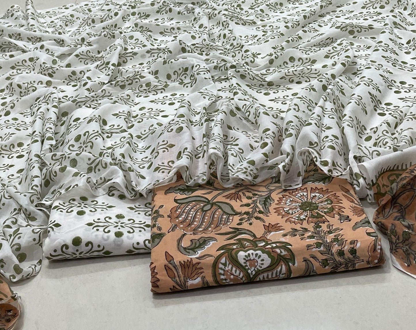 Hand Block Printed Cotton Suit Set – White & Green Abstract Kurta with Brown Floral Bottom
