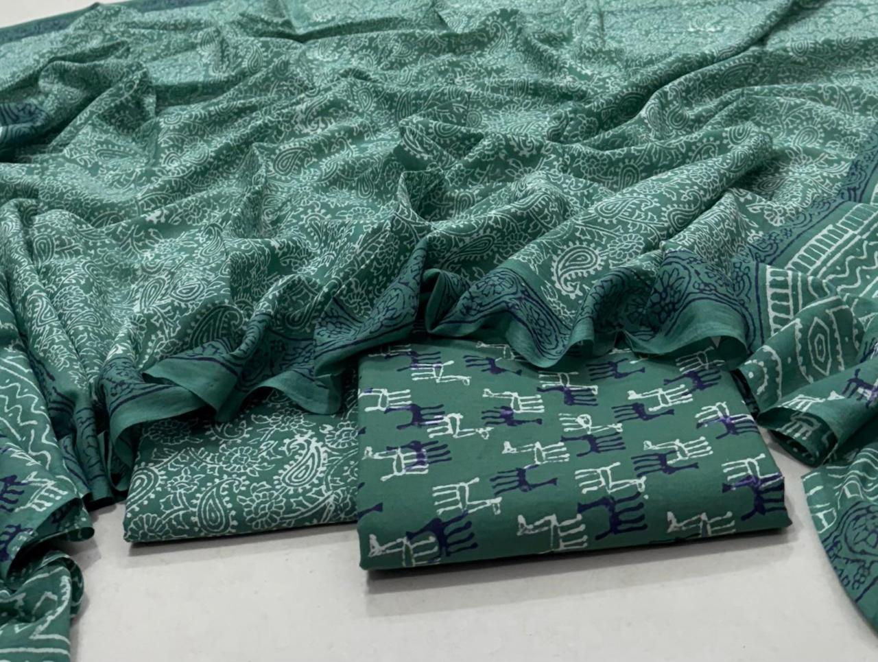 Hand Block Printed Cotton Suit with Cotton Dupatta Green New