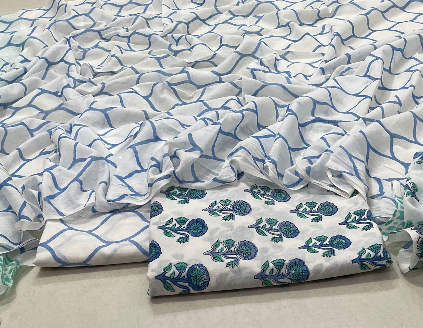 Hand Block Printed Cotton Suit Set with Mulmul Cotton Dupatta Honey Comb Print