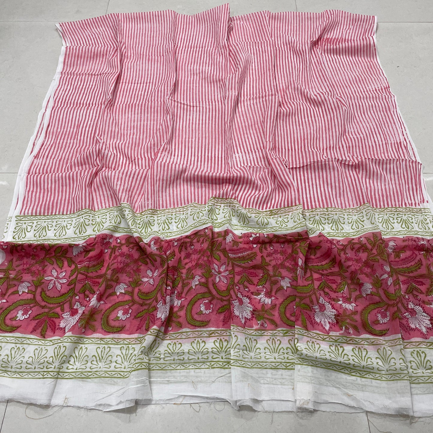 Hand Block Printed Cotton Suit Set with Mulmul Cotton Dupatta Red Strips print