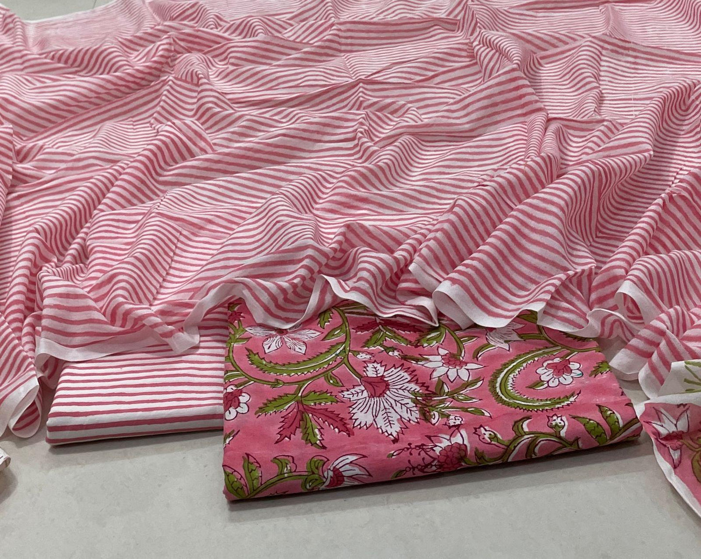 Hand Block Printed Cotton Suit Set with Mulmul Cotton Dupatta Red Strips print