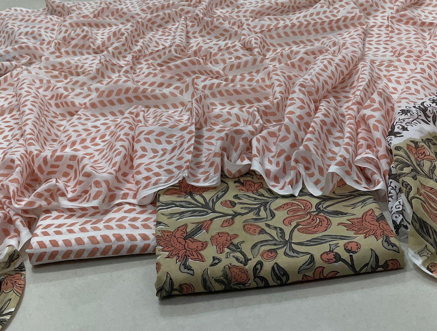 Hand Block Printed Cotton Suit Set | Peach Abstract Kurta & Floral Pant with Mulmul Dupatta