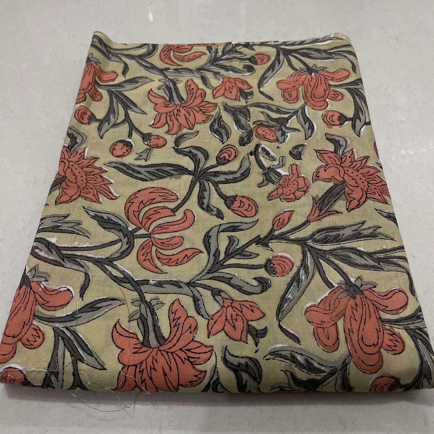 Hand Block Printed Cotton Suit Set | Peach Abstract Kurta & Floral Pant with Mulmul Dupatta