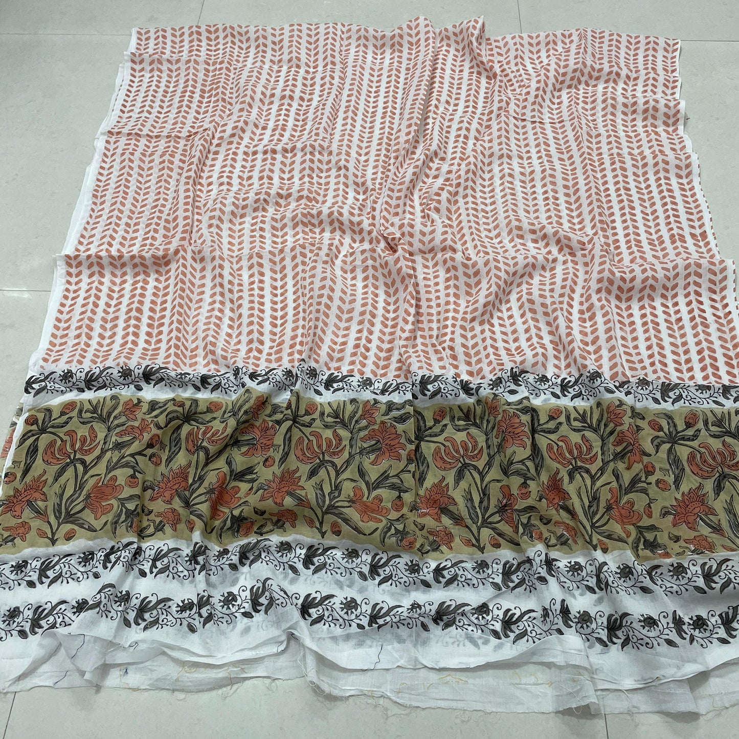 Hand Block Printed Cotton Suit Set | Peach Abstract Kurta & Floral Pant with Mulmul Dupatta