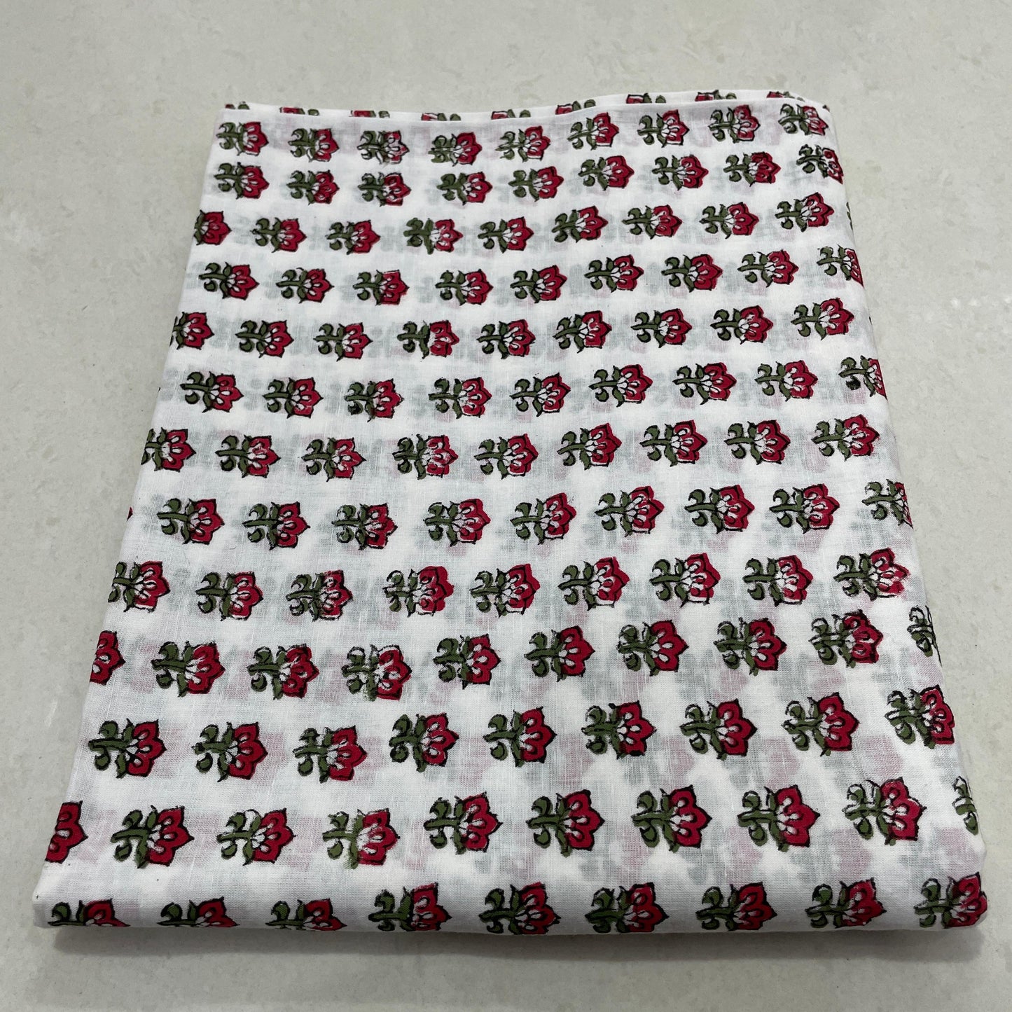 Hand Block Printed Cotton Suit Set – White Base with Red & Green Floral Elegance