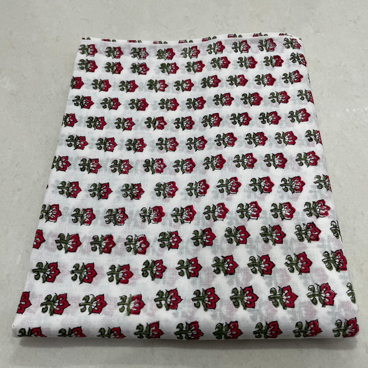 Hand Block Printed Cotton Suit Set – White Base with Red & Green Floral Elegance