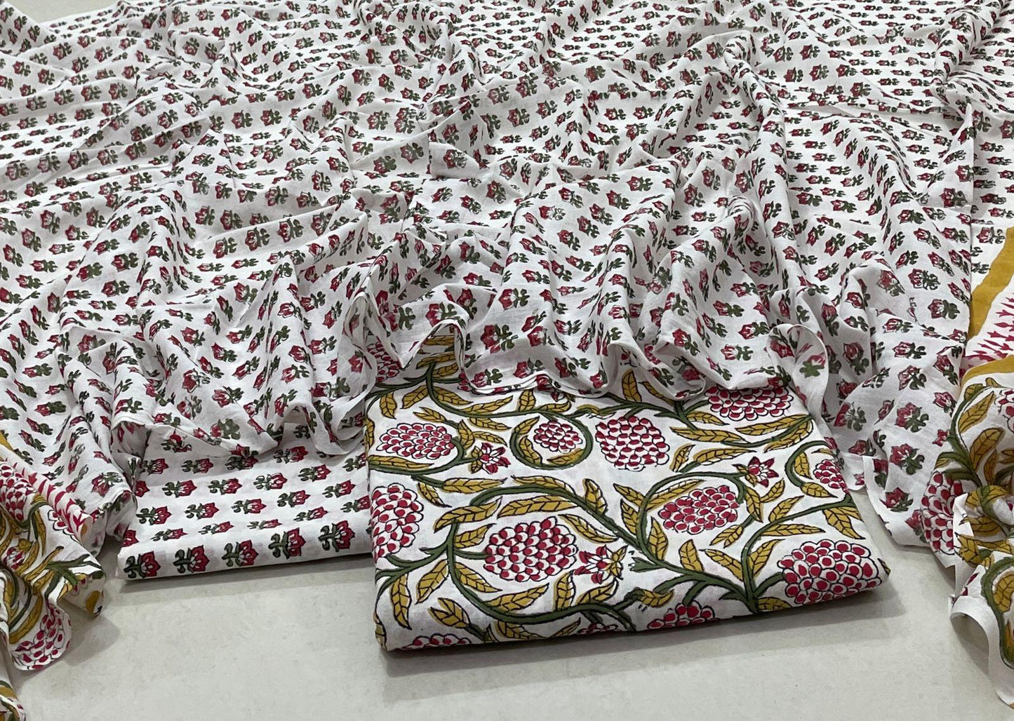 Hand Block Printed Cotton Suit Set – White Base with Red & Green Floral Elegance