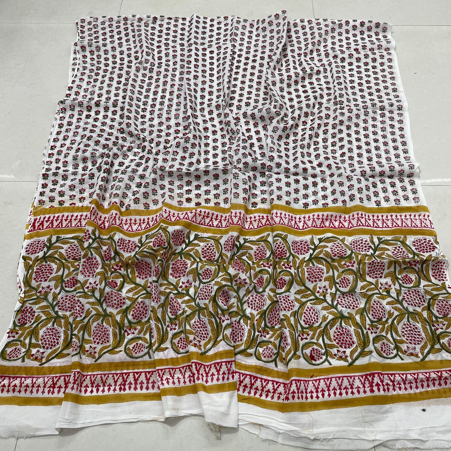 Hand Block Printed Cotton Suit Set – White Base with Red & Green Floral Elegance