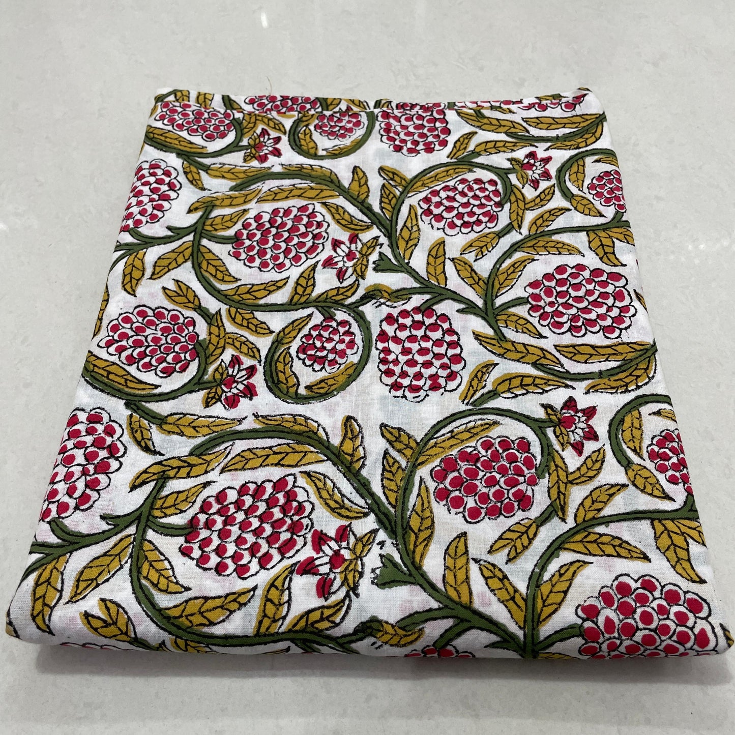 Hand Block Printed Cotton Suit Set – White Base with Red & Green Floral Elegance