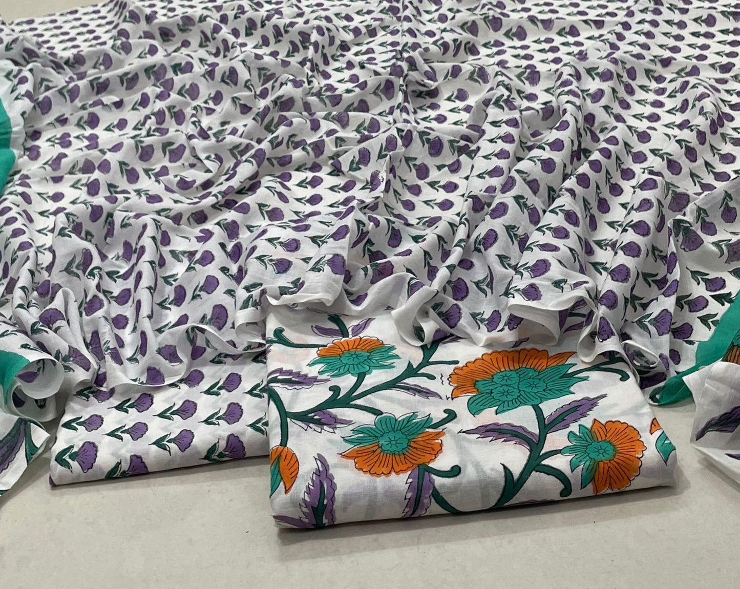 Hand Block Printed Cotton Suit Set – Purple Floral & Green Accents
