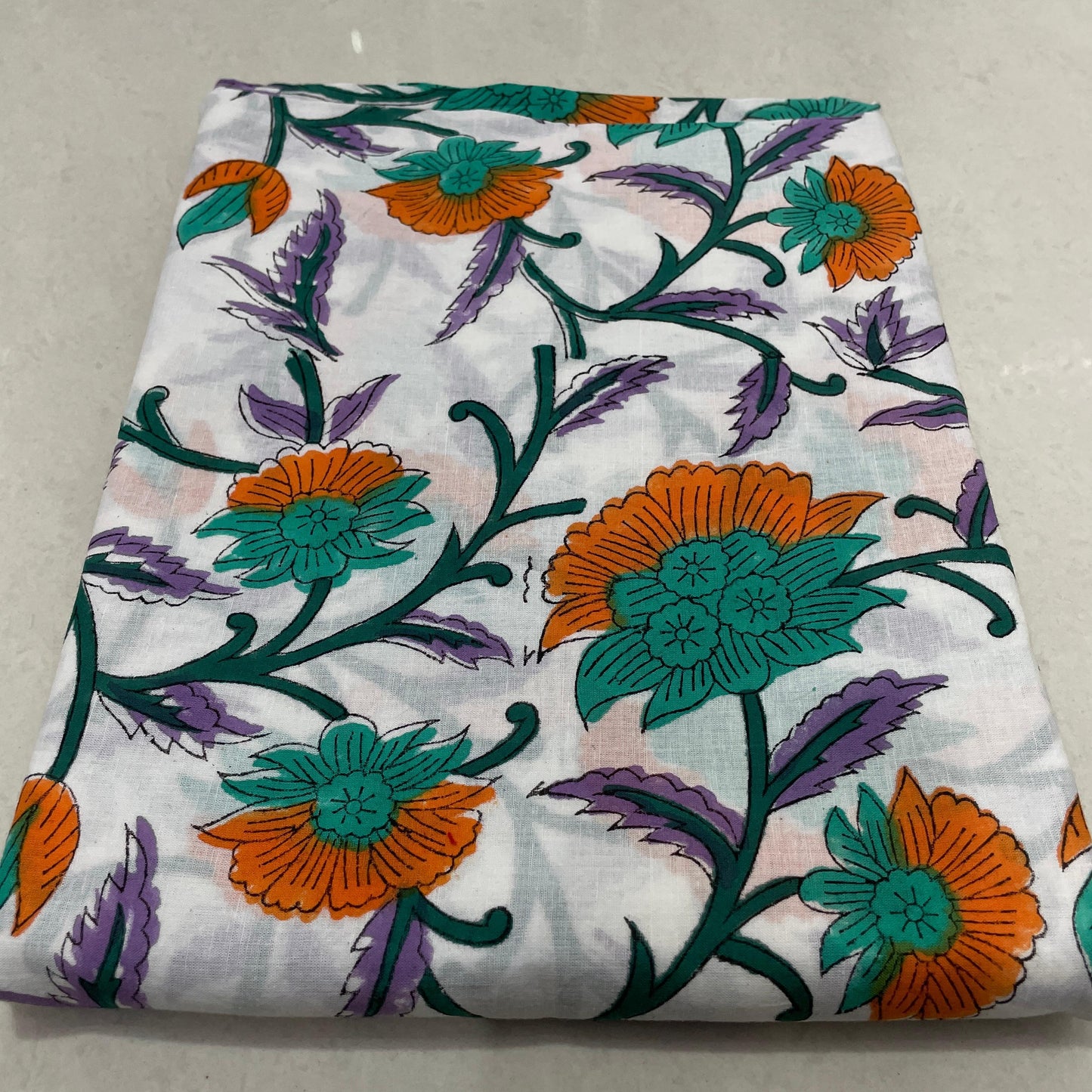 Hand Block Printed Cotton Suit Set – Purple Floral & Green Accents