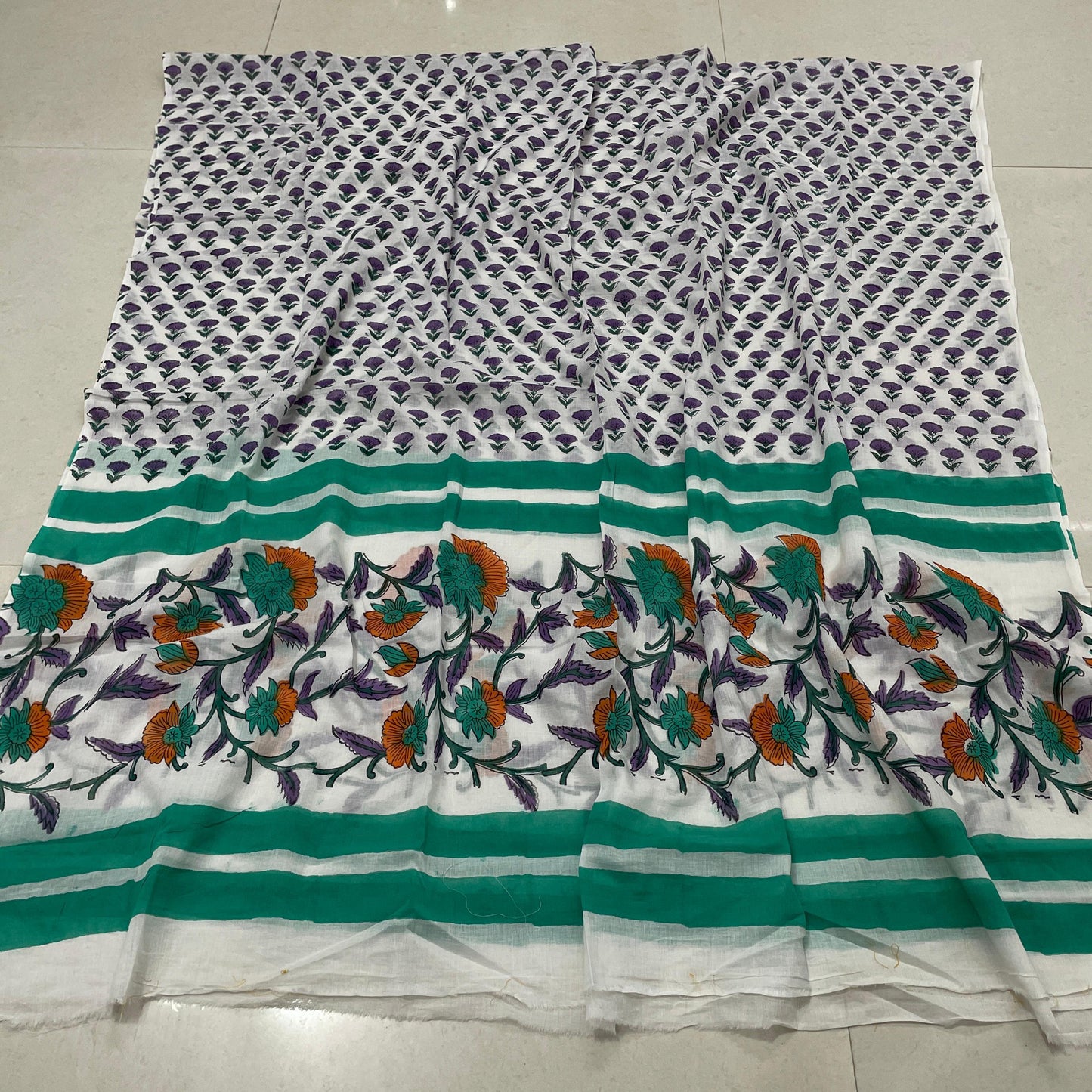 Hand Block Printed Cotton Suit Set – Purple Floral & Green Accents