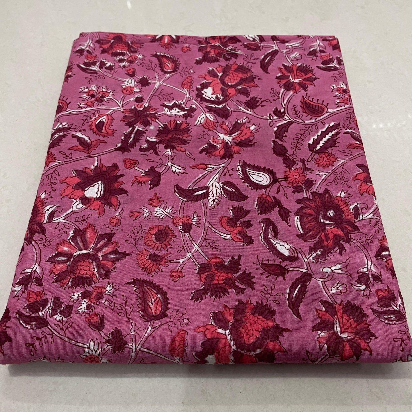 Hand Block Printed Cotton Suit Set – Elegant Pink & Maroon Floral Design