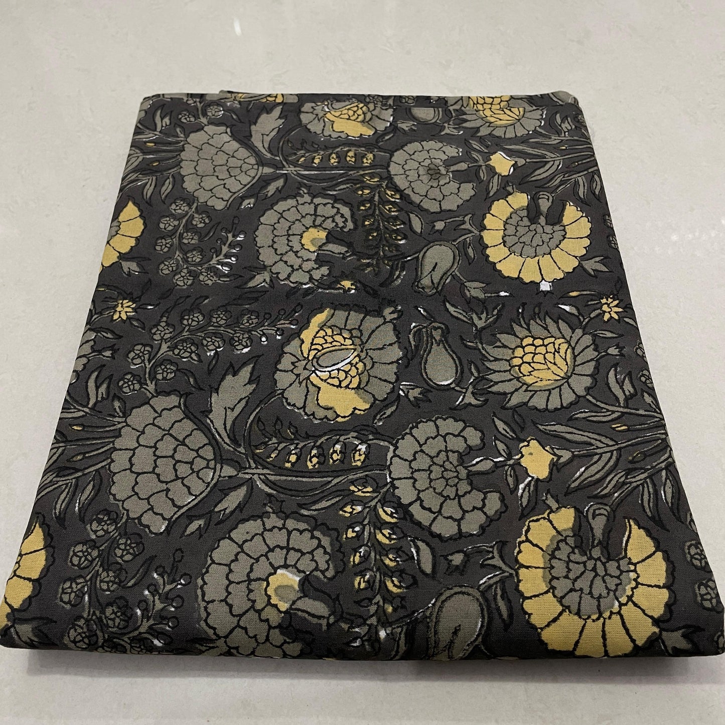 Hand Block Printed Cotton Suit Set – Black & White Zigzag with Golden Floral Bottom