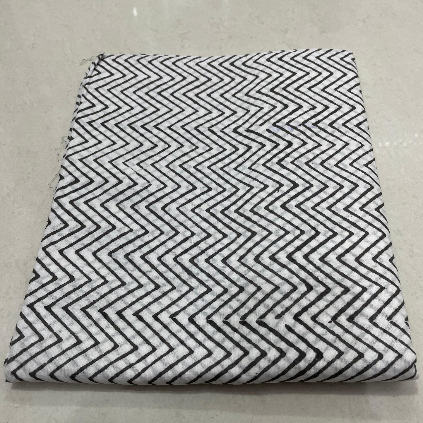 Hand Block Printed Cotton Suit Set – Black & White Zigzag with Golden Floral Bottom