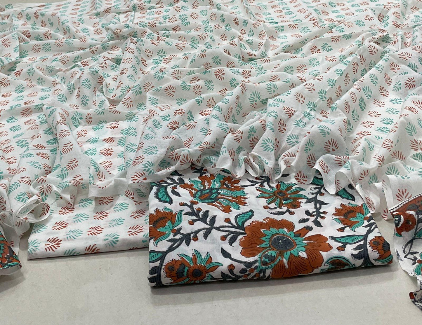 Hand Block Printed Cotton Suit Set with Mulmul Cotton Dupatta Abstract Green Print