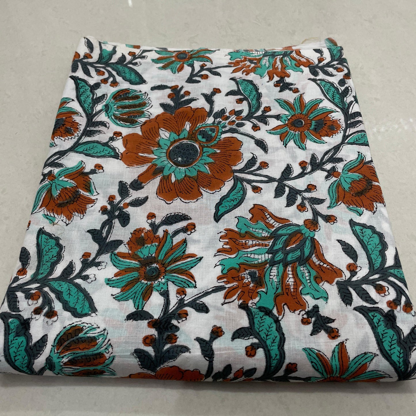 Hand Block Printed Cotton Suit Set with Mulmul Cotton Dupatta Abstract Green Print