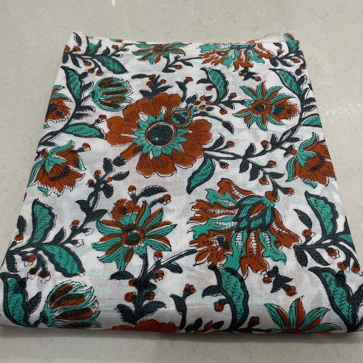 Hand Block Printed Cotton Suit Set with Mulmul Cotton Dupatta Abstract Green Print