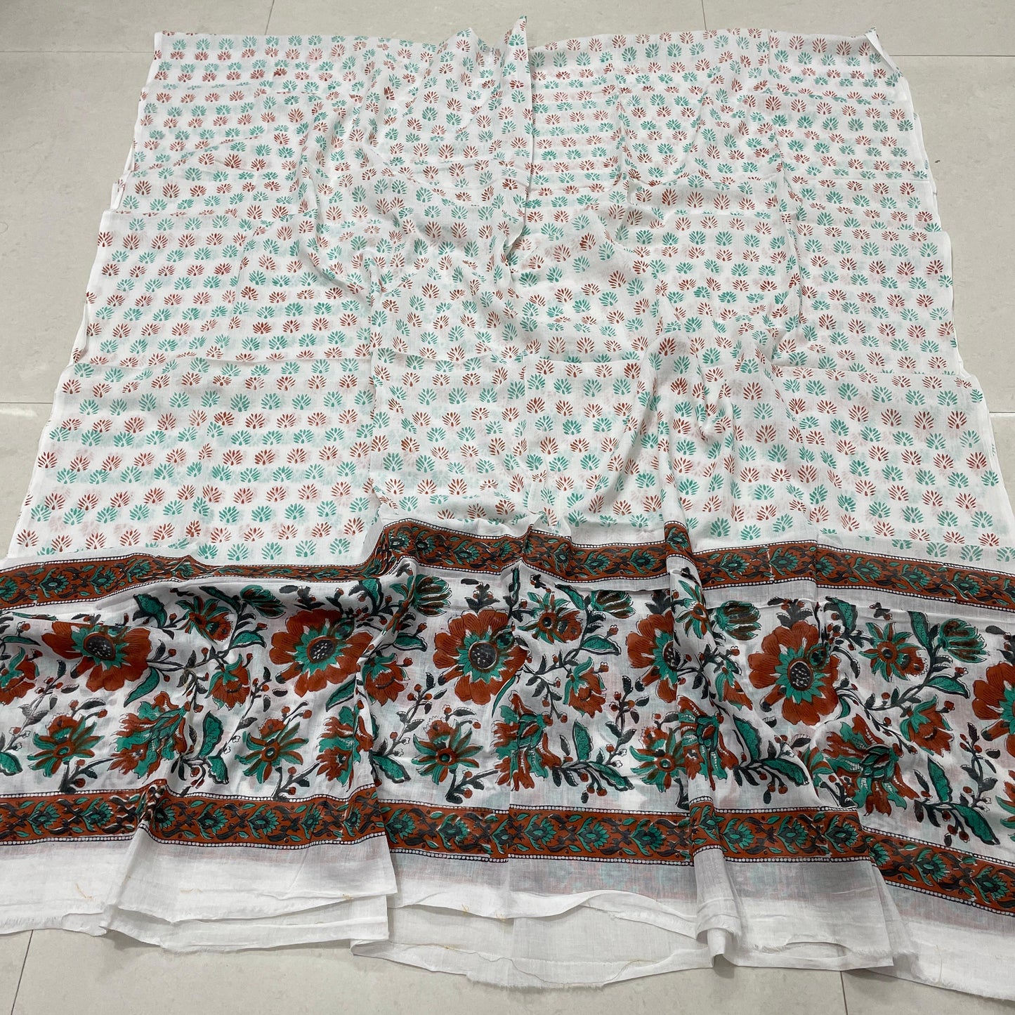 Hand Block Printed Cotton Suit Set with Mulmul Cotton Dupatta Abstract Green Print