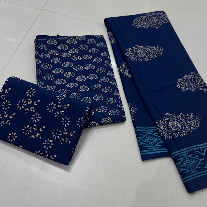 Hand Block Printed Cotton Suit with Cotton Dupatta Blue