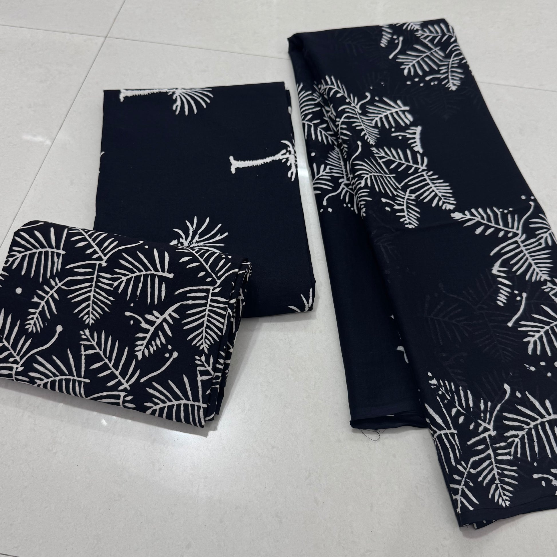 Hand Block Printed Cotton Suit with Cotton Dupatta Blue Leaf