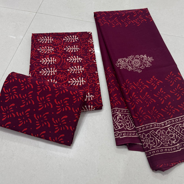 Hand Block Printed Cotton Suit with Cotton Dupatta Maroon Buta