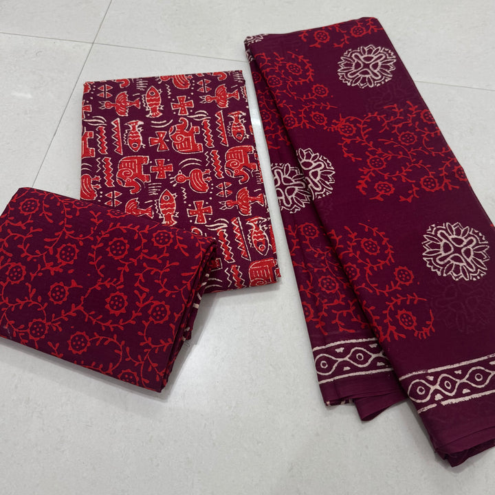 Hand Block Printed Cotton Suit with Cotton Dupatta Maroon13