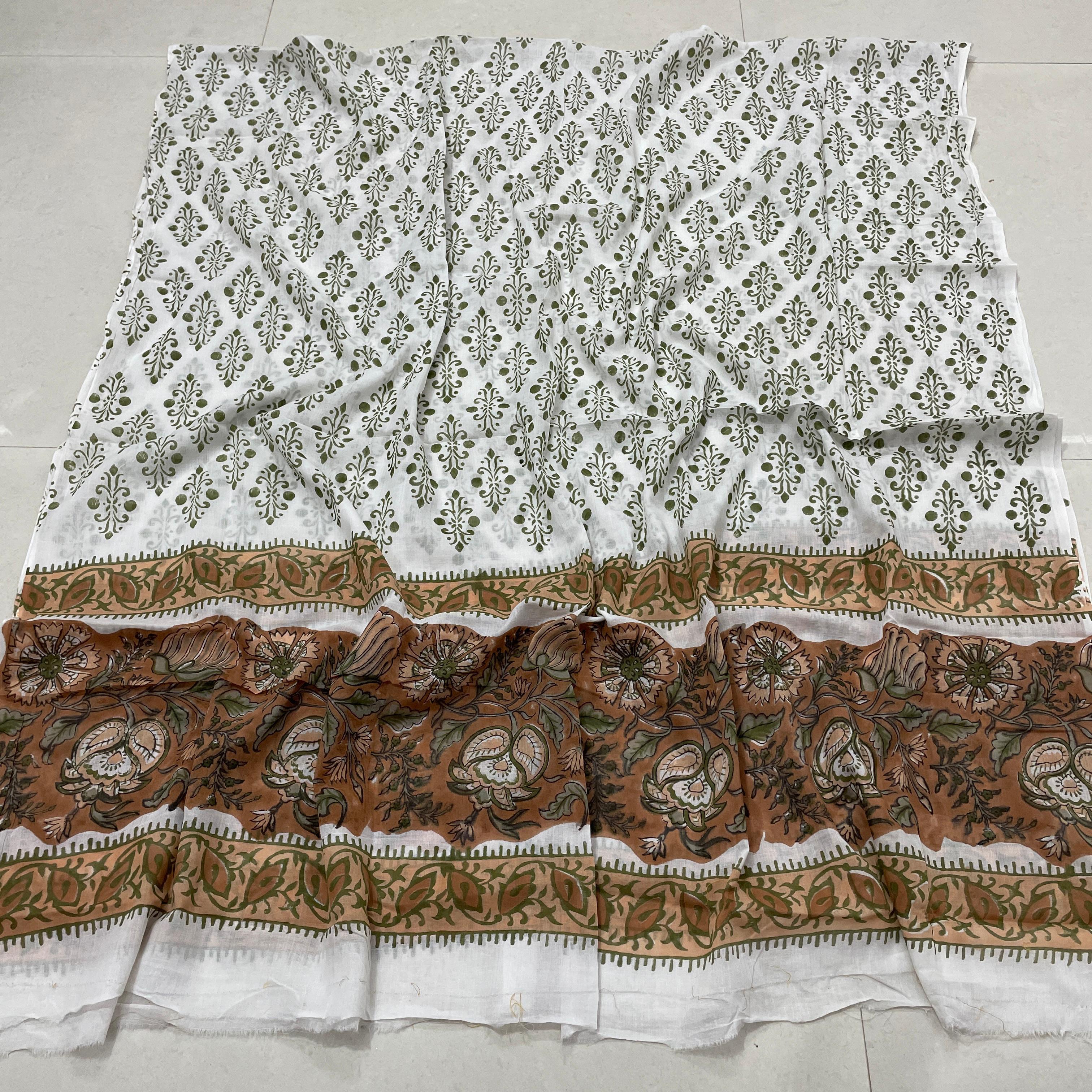 Hand Block Printed Cotton Suit Set – White & Green Abstract Kurta with Brown Floral Bottom