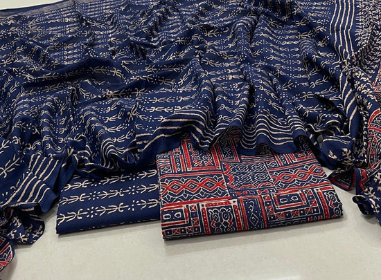 Hand Block Printed Cotton Suit with Cotton Dupatta Deep Blue New