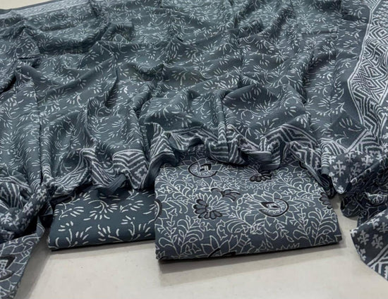 Hand Block Printed Cotton Suit with Cotton Dupatta Grey New2