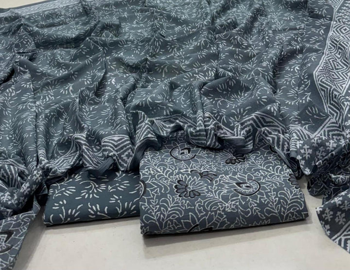 Hand Block Printed Cotton Suit with Cotton Dupatta Grey New2