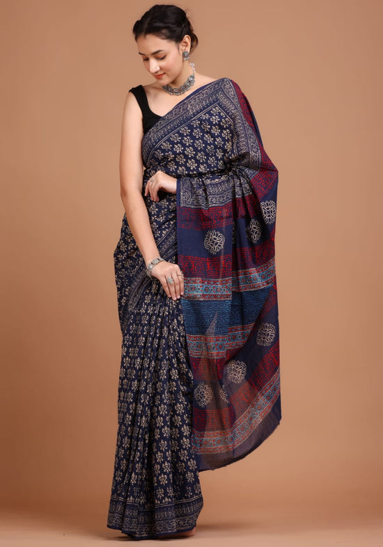 Midnight Elegance – Handcrafted Ajrakh Linen Saree