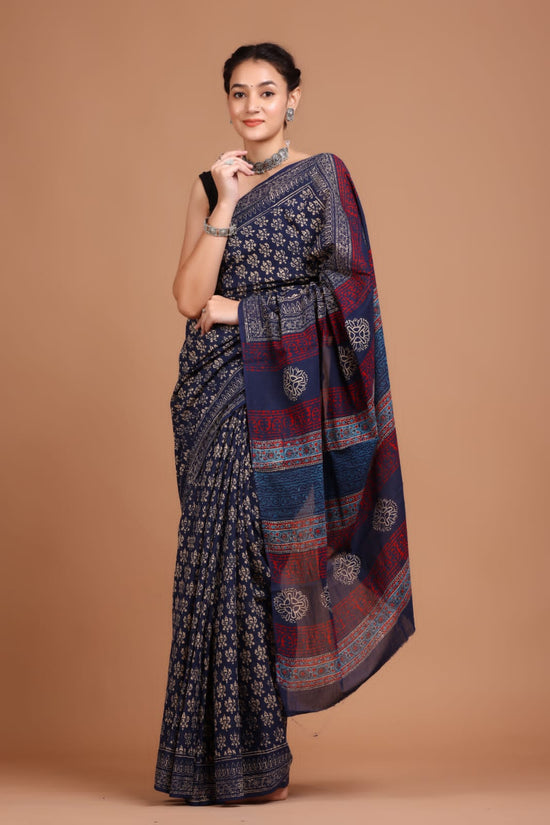 Midnight Elegance – Handcrafted Ajrakh Linen Saree