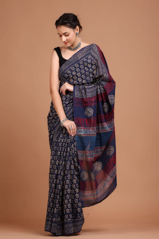 Midnight Elegance – Handcrafted Ajrakh Linen Saree