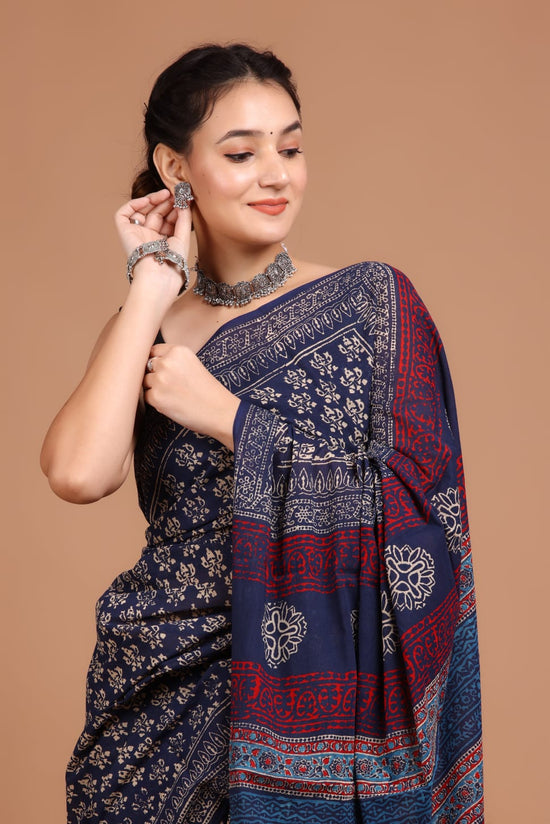 Midnight Elegance – Handcrafted Ajrakh Linen Saree