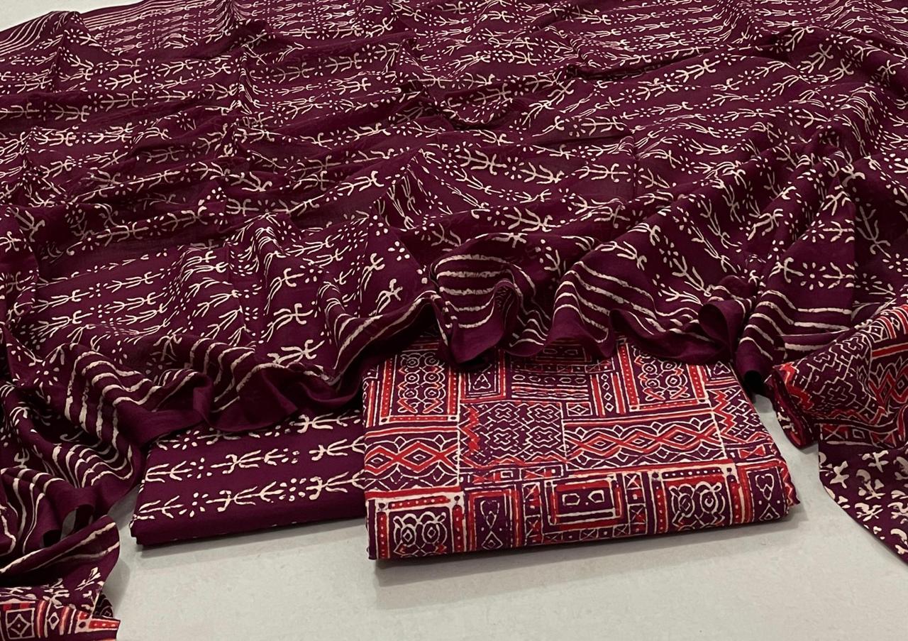 Hand Block Printed Cotton Suit with Cotton Dupatta Maroon New