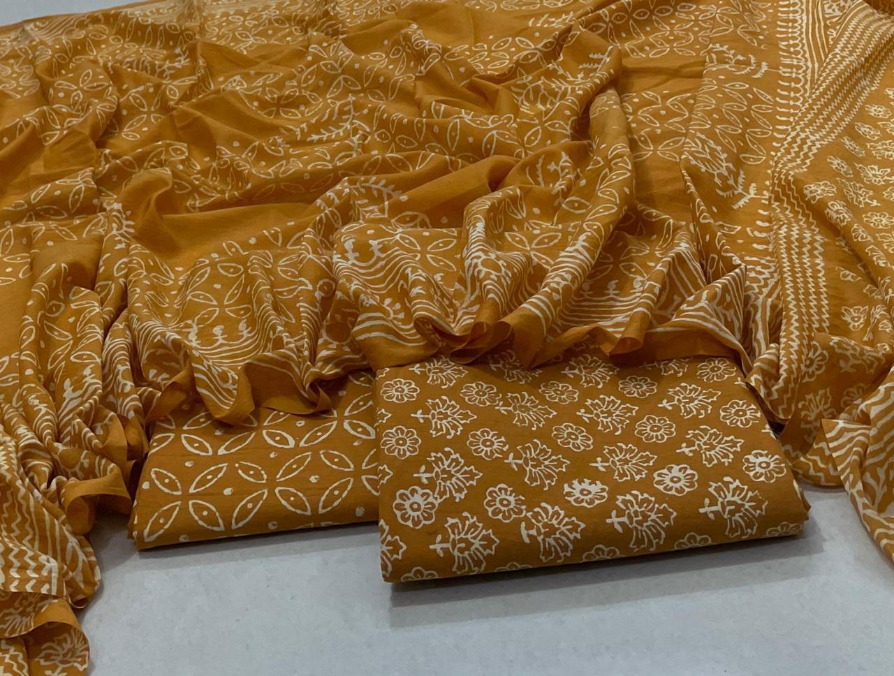 Hand Block Printed Cotton Suit with Cotton Dupatta Mustard New2