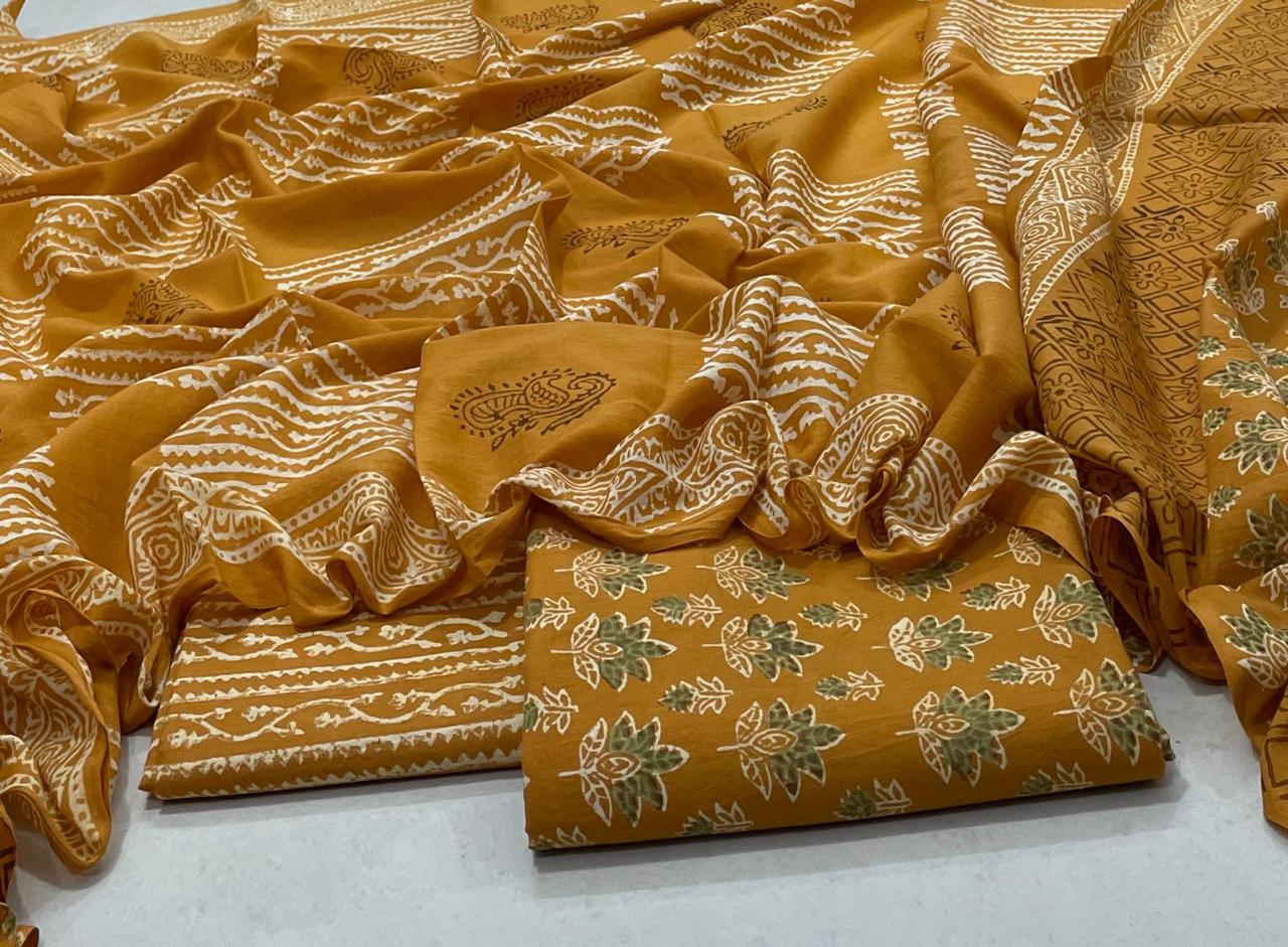 Hand Block Printed Cotton Suit with Cotton Dupatta Mustard New