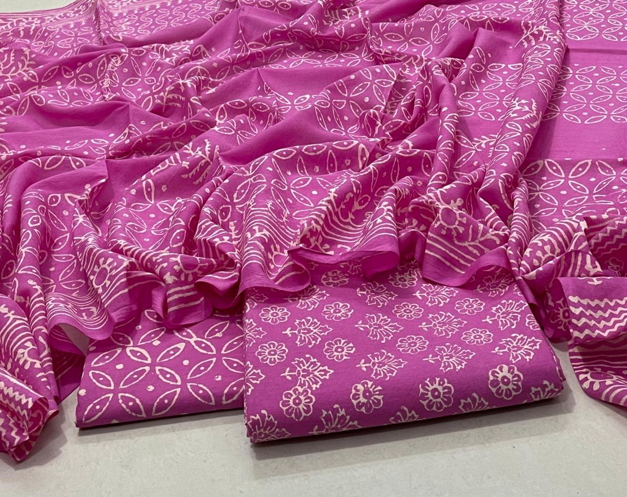 Hand Block Printed Cotton Suit with Cotton Dupatta Pink New