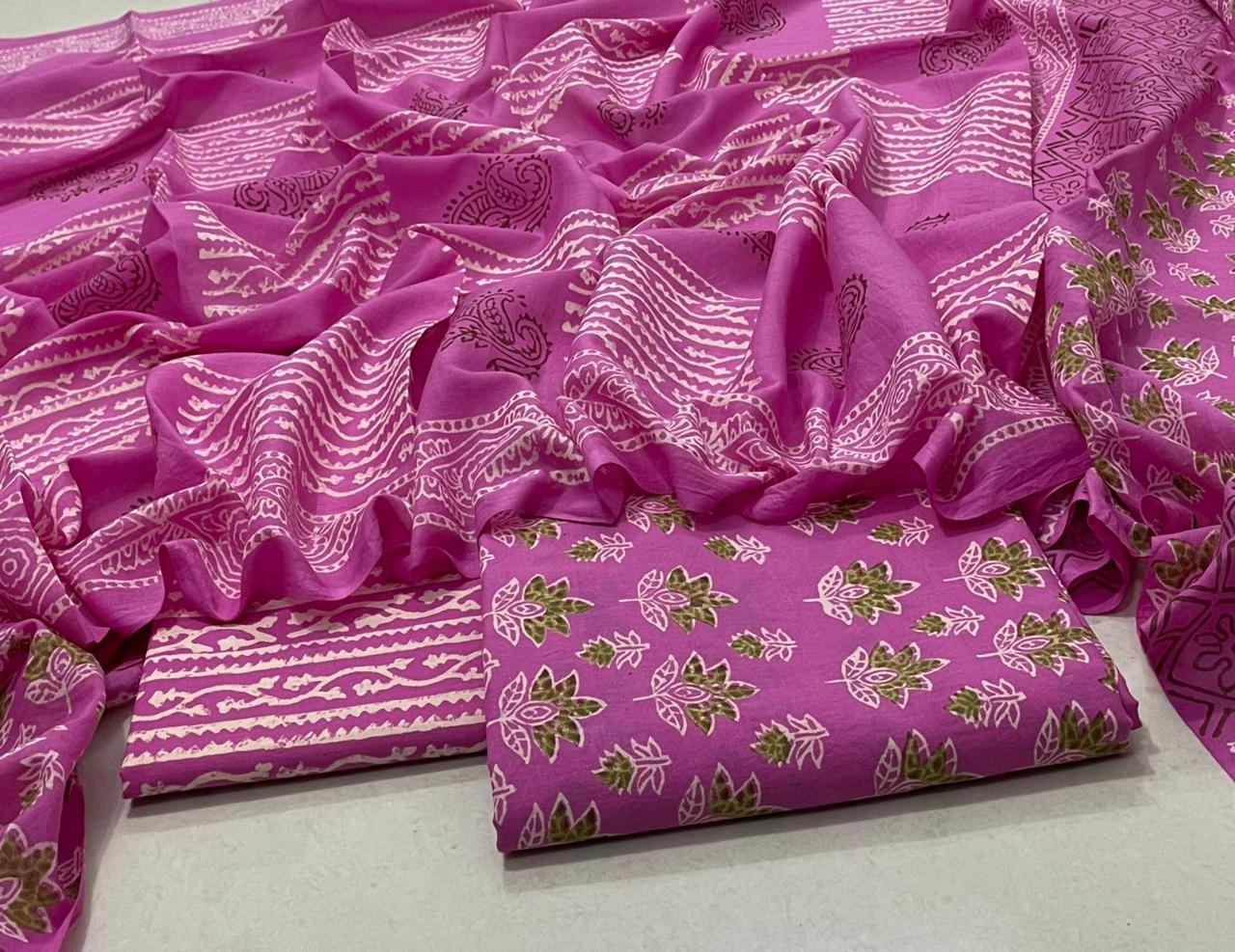 Hand Block Printed Cotton Suit with Cotton Dupatta Pink New2