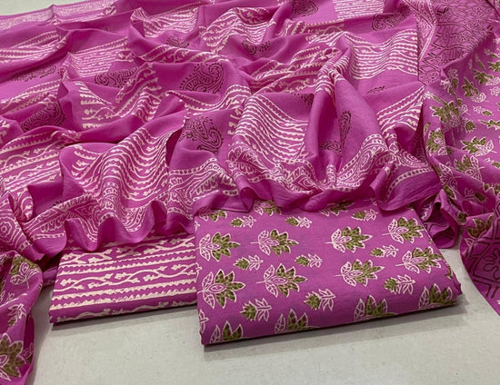 Hand Block Printed Cotton Suit with Cotton Dupatta Pink New2