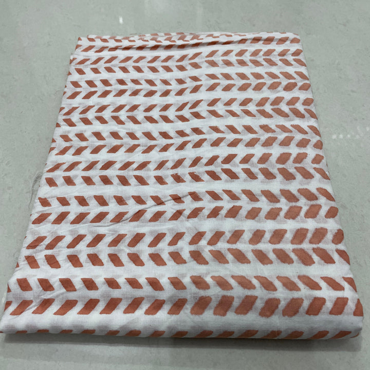 Hand Block Printed Cotton Suit Set | Peach Abstract Kurta & Floral Pant with Mulmul Dupatta