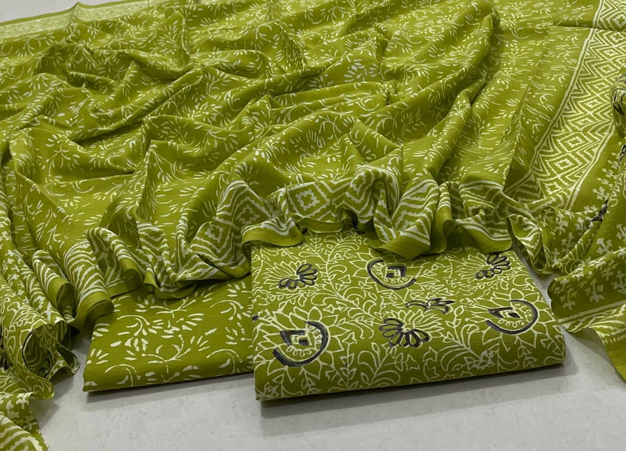 Hand Block Printed Cotton Suit with Cotton Dupatta Light Green